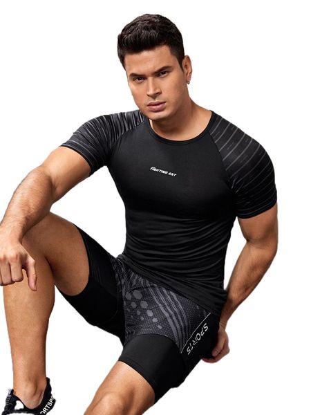 

men letter graphic striped raglan sleeve sports tee i0u2#, White;black