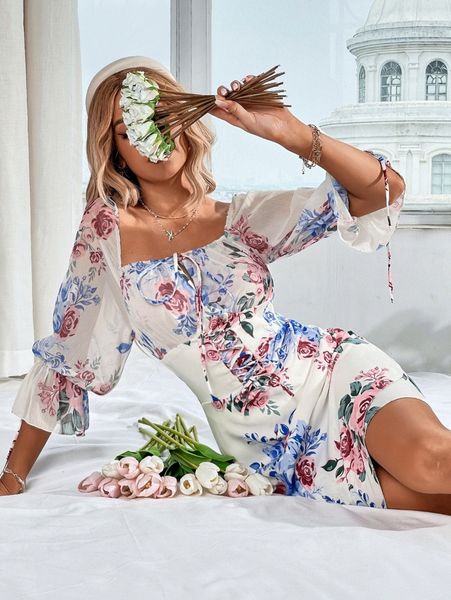 

floral print knot front zip back dress u98j#, Black;gray