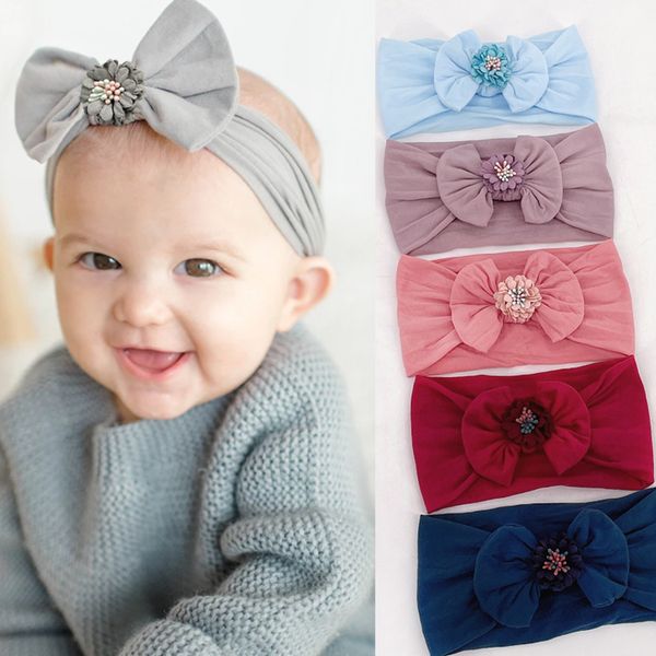 

t15889 baby girls bowknot headband kids soft nylon elastic hairband children bandanas flower bow head band princess hair accessory 6 colors, Slivery;white