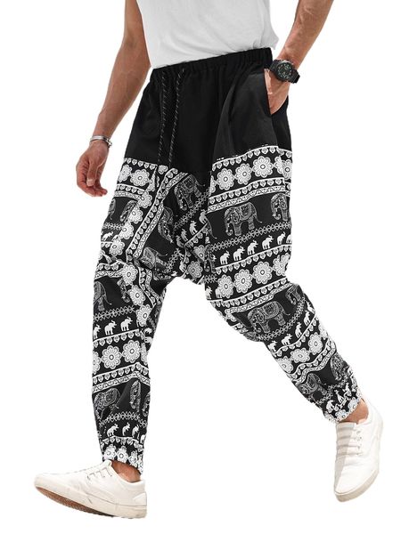 

men floral & elephant print drawstring waist drop crotch pants f7xn#, Black