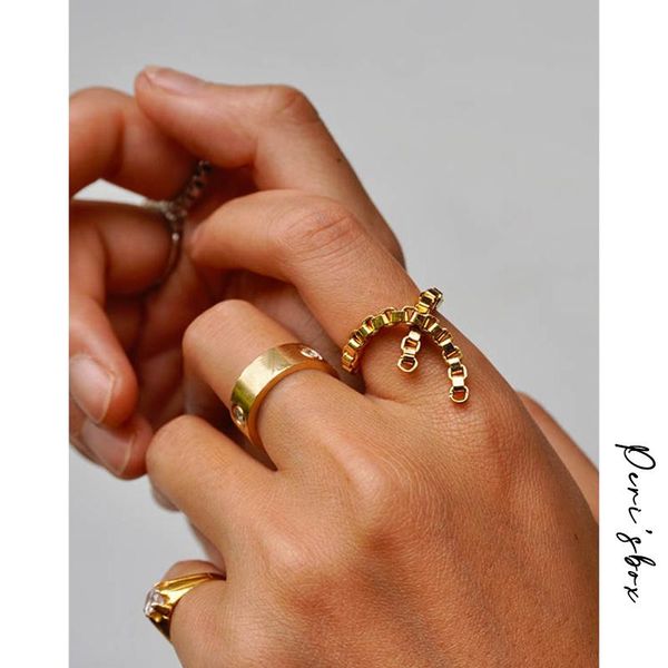 

cluster rings peri'sbox gold color box chain ring for women girl brass irregular minimalism hippop, Golden;silver