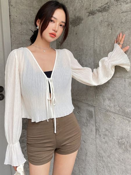 

dazy 1pc lettuce trim flounce sleeve knot front j2ez#, White