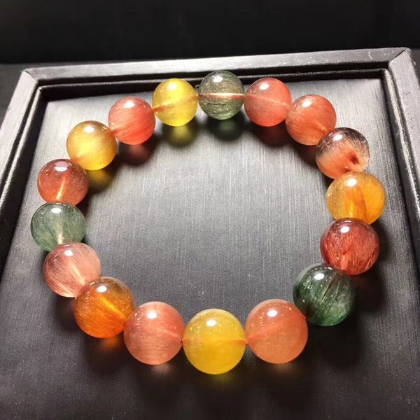 

natural colorful rutilated quartz crystal bracelet women men 12mm clear round beads stone cat eye stretch aaaaa, Silver