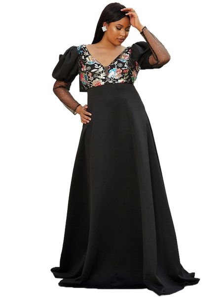 

seomiscky plus floral sequins puff sleeve contrast mesh a-line dress i7bz#, Black