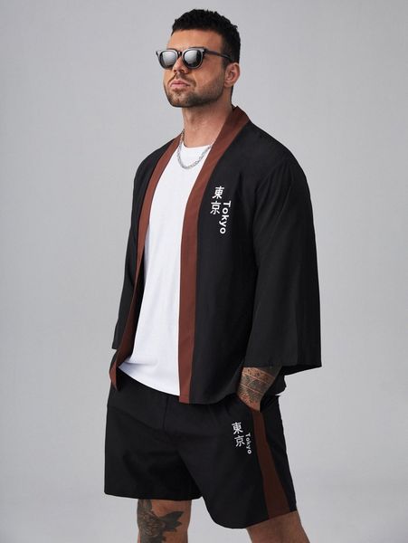 

extended sizes men letter graphic open front kimono & slant pockets contrast seam panel shorts q931#, Gray