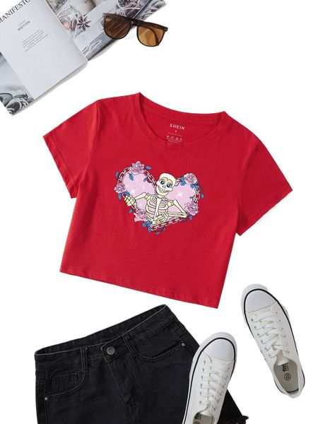 

floral & skeleton print crop tee i7nv#, White