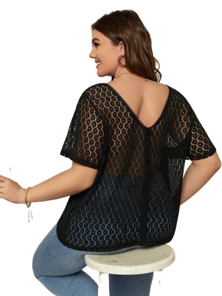 

plus contrast lace button detail tee h8xh#, Black