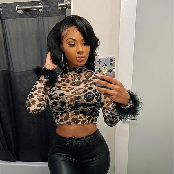 

bkld woman tshirts mesh sheer leopard printed clubwear women harajuku 2020 autumn feather long sleeve crop 220408, White