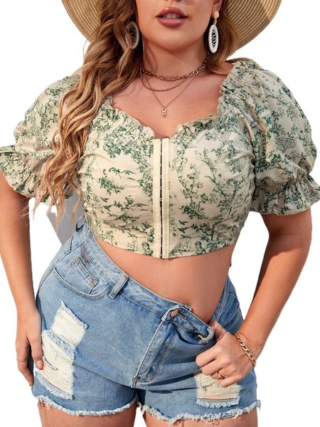 

plus floral print frill trim shirred back hook & eye front crop blouse f5oy#, Black