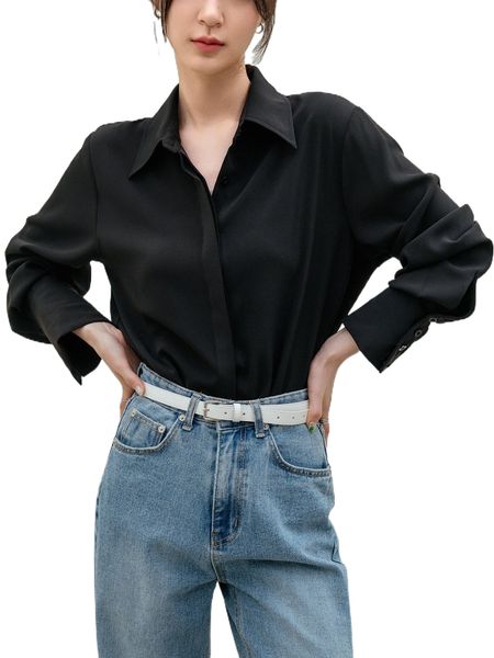 

dazy-less solid hidden button front blouse h0ru#, White