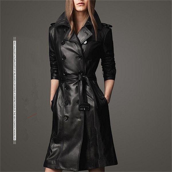 

compound sheepskin coat lady wash pu leather jacket lace-up plus size trench coat long with cotton overcoat 201224, Black