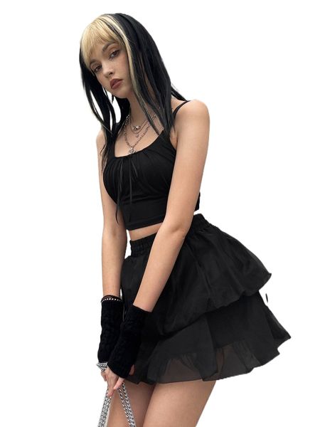 

high waist mesh layered hem skirt g5ne#, Black
