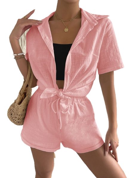 

solid button up shirt & drawstring waist shorts 97h6#, White