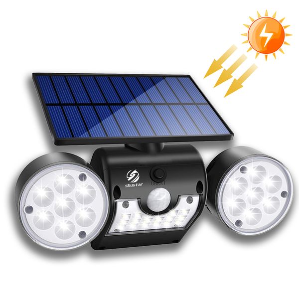 Luzes solares do sensor de movimento Luz solar de parede solar ao ar livre com holofotes de cabeça dupla 30 LED à prova d'água LED ajustável para garagem para o jardim