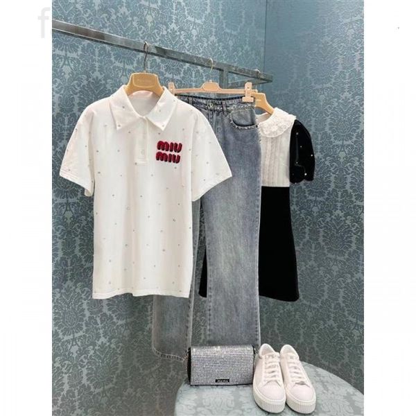 

women's t-shirt designer chaopai 22 early spring new american color contrast towel embroidered letters full diamond lapel short sleeve, White