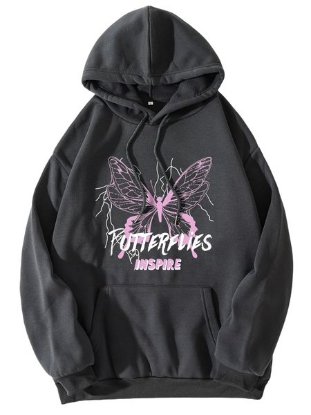 

slogan and butterfly print drawstring kangaroo pocket hoodie 37da#, Black