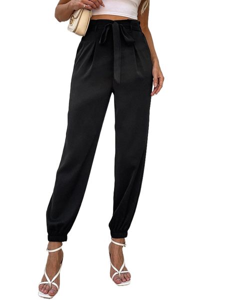 

paper bag waist tie front tapered pants y5un#, Black;white