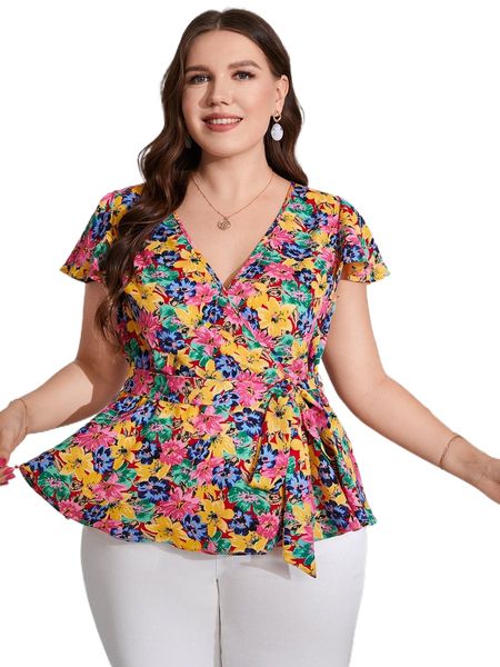 

plus allover floral print belted v6bc#, Black