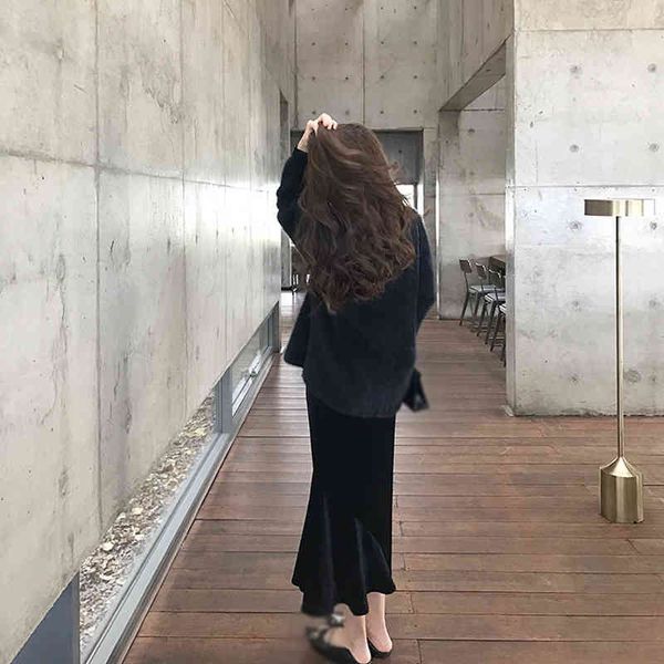 

skirts autumn and winter products fashionable high waist slim elegant fishtail paper human velvet long skirt ubzc, Black