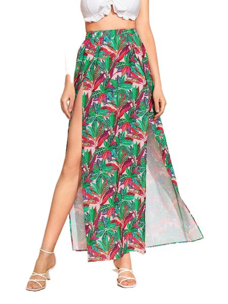 

x. marina oliveira leaf print wrap s.plit t.high s.kirt 21ti#, Black