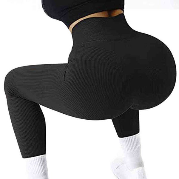 

women's leggings ribbed sports tights for woman seamless yoga pants women panties gym fitness legging high waist workout leggin h220429, Black