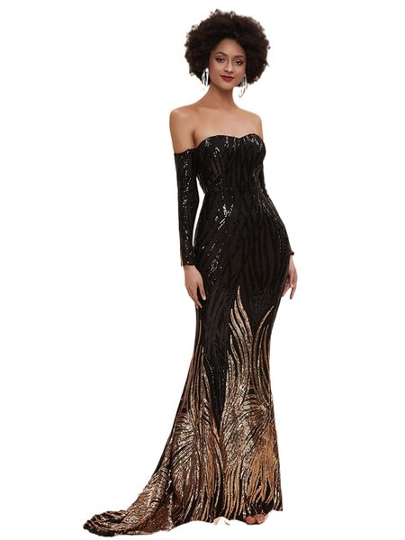 

missord off shoulder colorblock sequin mermaid hem prom dress p9xb#, Black;gray