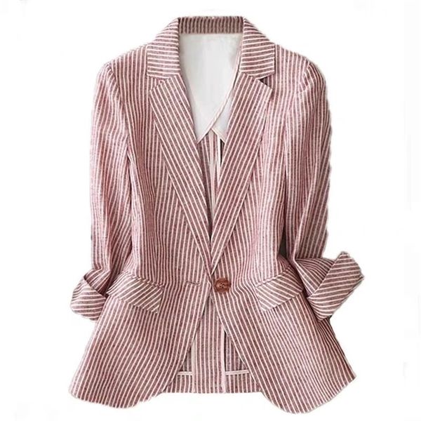 

linen suit female thin summer striped long sleeveone button slim cotton casual jacket 220402, White;black