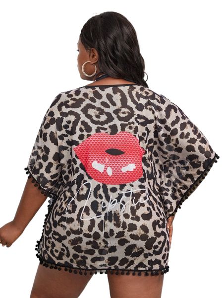 

plus lip & leopard print pom pom trim cover up b9pj#, Black