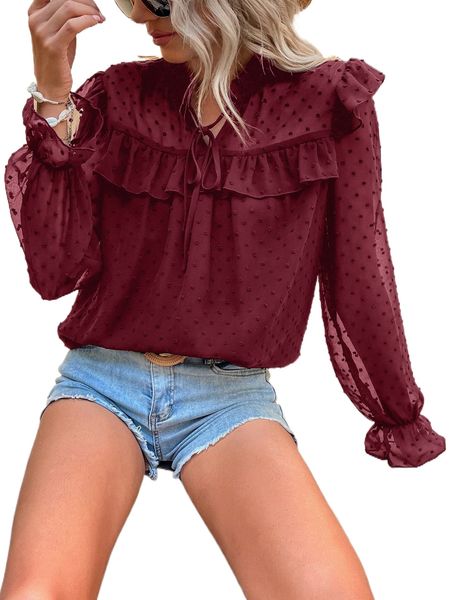 

swiss dot ruffle trim flounce sleeve chiffon blouse f5lc#, White