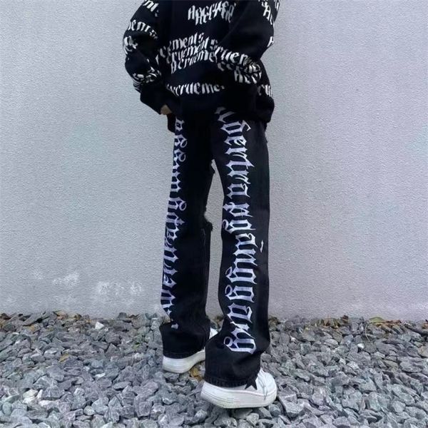 

european and american high street letters embroidery oversized jeans on the back of mens loose straightleg ripped trousers 220720, Blue