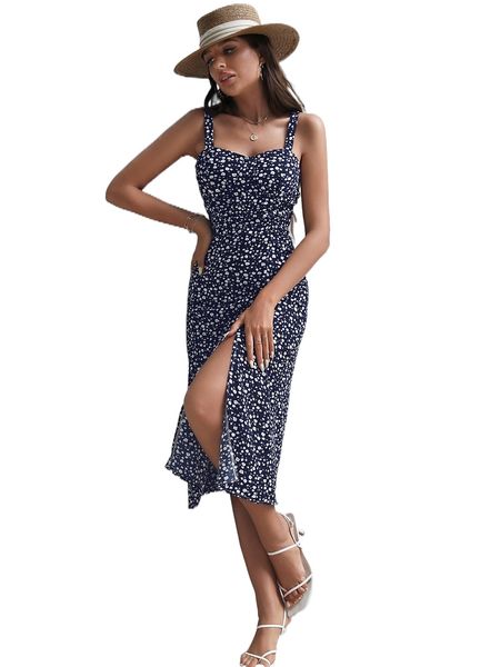 

high split ditsy floral cami dress 08e7#, Black;gray