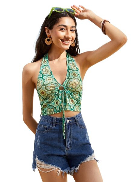 

floral print knot front backless mesh halter 61ol#, White