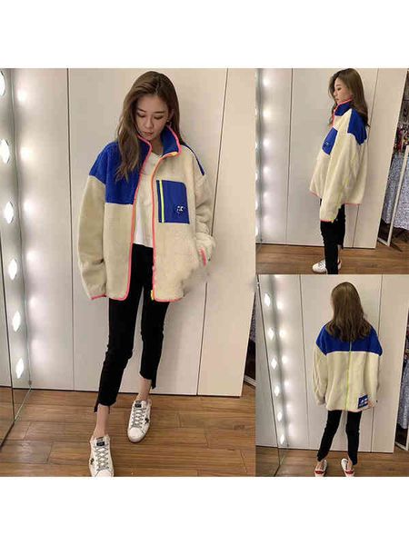 

women's two piece pants french minority autumn and winter reversible contrast stitched jacket lamb wool long sleeve short coat for men, White