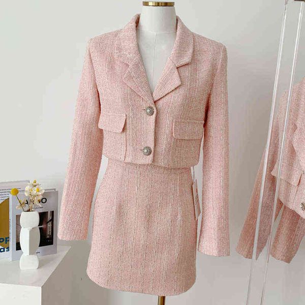 

female elegant skirt fits 2021 new autumn tweed two piece set women outfits crop mini skirt set vetement femme j220813, White;black