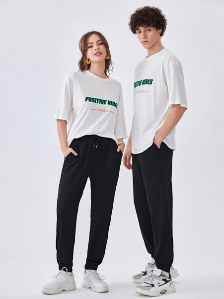 

1pc slogan graphic drop shoulder tee & 1pc sweatpants p5en#, Gray