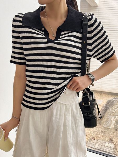 

dazy striped contrast collar knit m3dc#, White;black