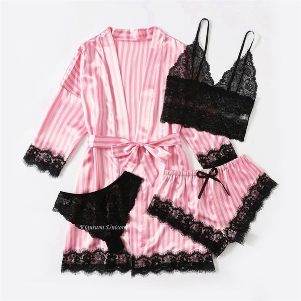 

woman sleepwear 4pcs floral lace trim satin pajamas set with robe faux silk pijamas robe sets casual home clothes nightwear 220527, Black;red