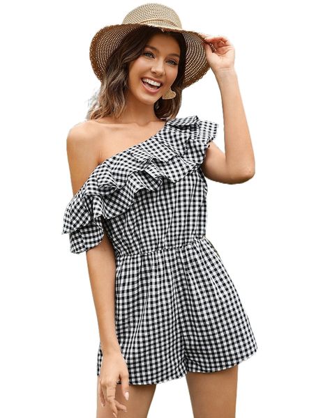 

gingham asymmetrical neck ruffle trim romper o0rb#, Black;white