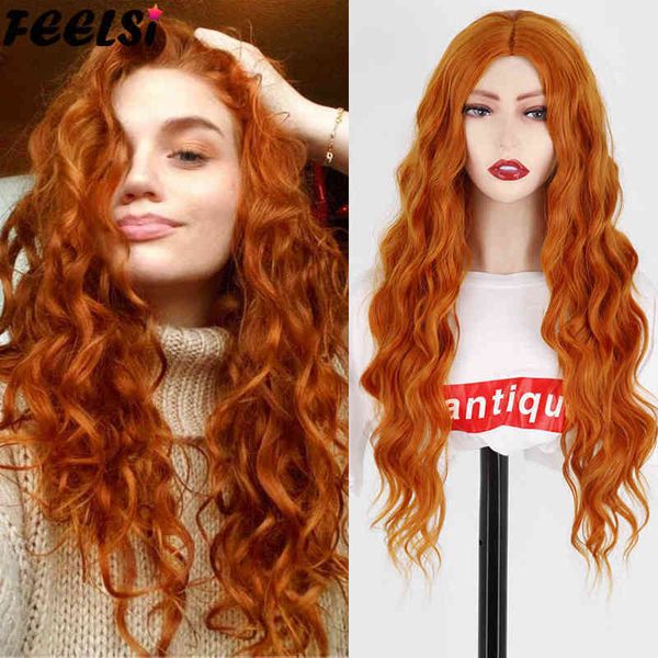 Parrucche sintetiche per capelli Cosplay Feelsi Sintetica Pura Rosso Nero Arancione Parrucca Lunga Onda d'acqua Halloween Cosplay per donna Fibra ad alta temperatura 220225