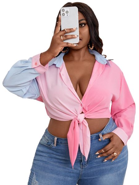 

sxy plus color block knot front drop shoulder crop shirt h4fr#, Black