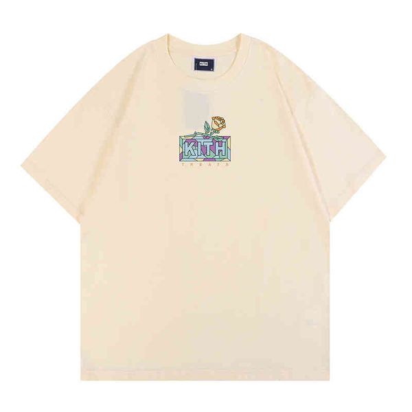 High street maré marca camisetas masculinas kith street view impresso de manga curta rosa omoroccan telha para homem e mulher camiseta de algodão b3