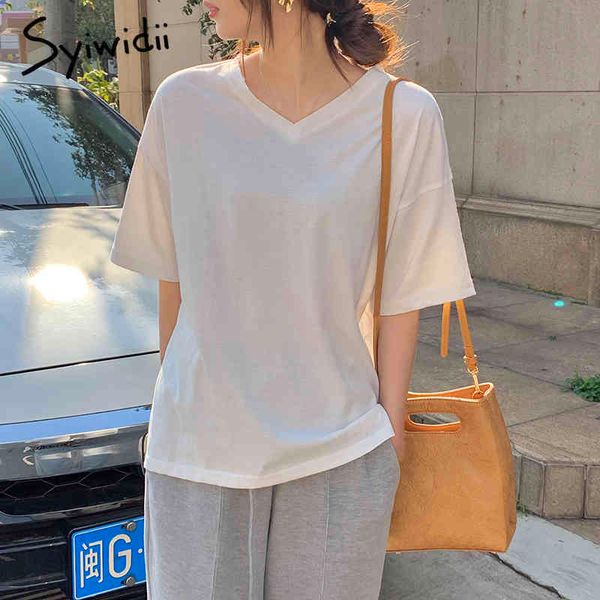 

harajuku t shirt for women cotton casual v neck korean fashion summer white short sleeve loose green tshirts 210415