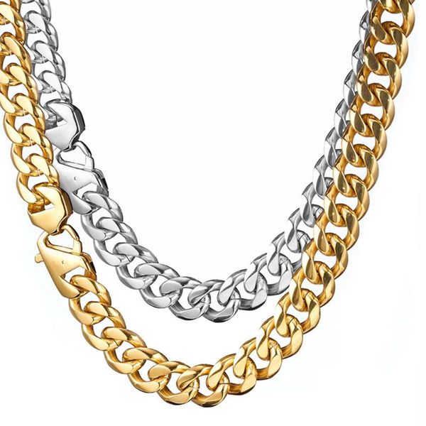 Cadeias de 15 mm de 15 mm de cor de prata ou ouro aço inoxidável colar de cadeia de meio-fio Men link Jóias de presente comprimento de 7 polegadas a 40 polegadas