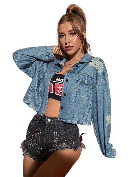 

ripped print drop shoulder chambray jacket h3to#, Black;brown