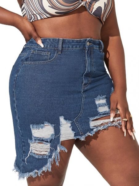 

plus ripped asymmetrical raw hem denim skirt r896#, Black
