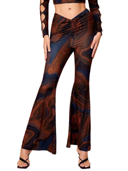 

x yelly gray marble print ruched flare leg pants y3ut#, Black;white