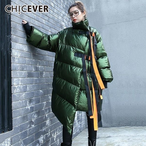 Chicever Ribbons Down Jacket for Women Winter Stand Collar Slave Longe Zipper Jackets irregulares Casacos Moda Clothes 201027