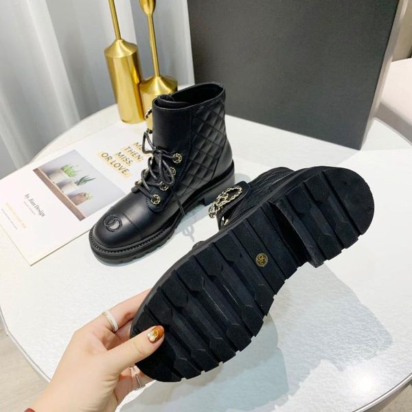 

interlocking black chunky platform flats combat boots low heel laceup booties leather chains logo buckle women luxury designers shoes factor