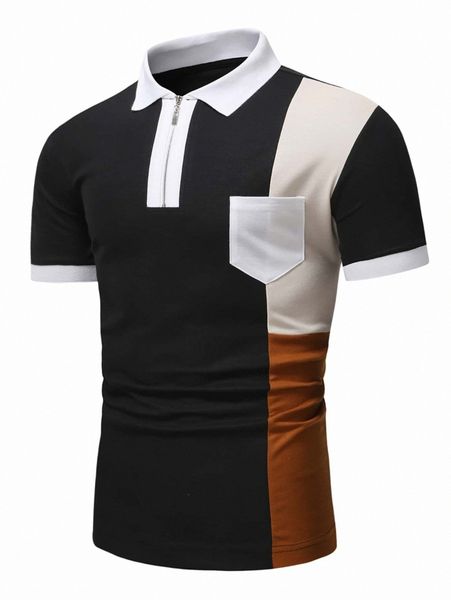 

men color block patched pocket contrast trim polo shirt l276#, White;black