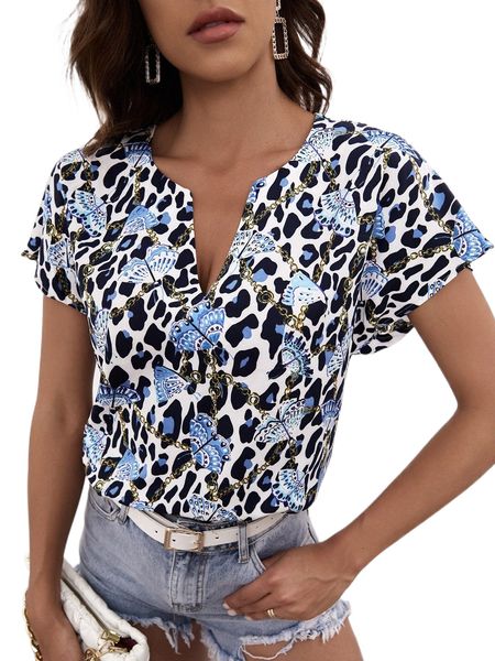 

notched neck butterfly & chain print batwing sleeve blouse w6ub#, White